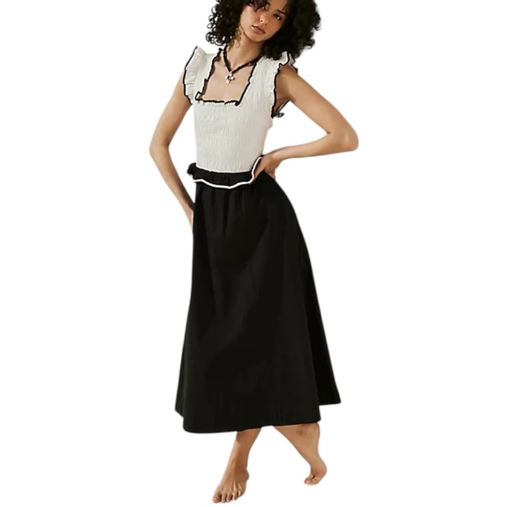 NWT Free People Tovi Midi Dress NWT White Alyssum Black Motif Smocked Open Back